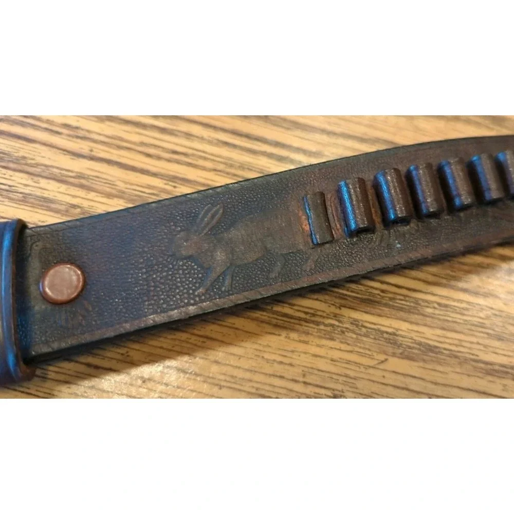 Vintage Leather Ammo Belt Hunting Scene‎ Birds Rabbit Turkey Cowhide Size Medium